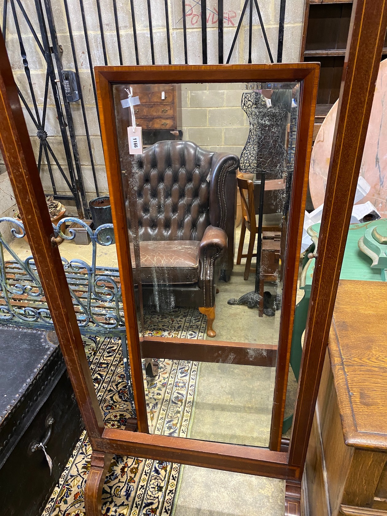 An Edwardian satinwood banded mahogany cheval mirror, width 74cm, height 187cm